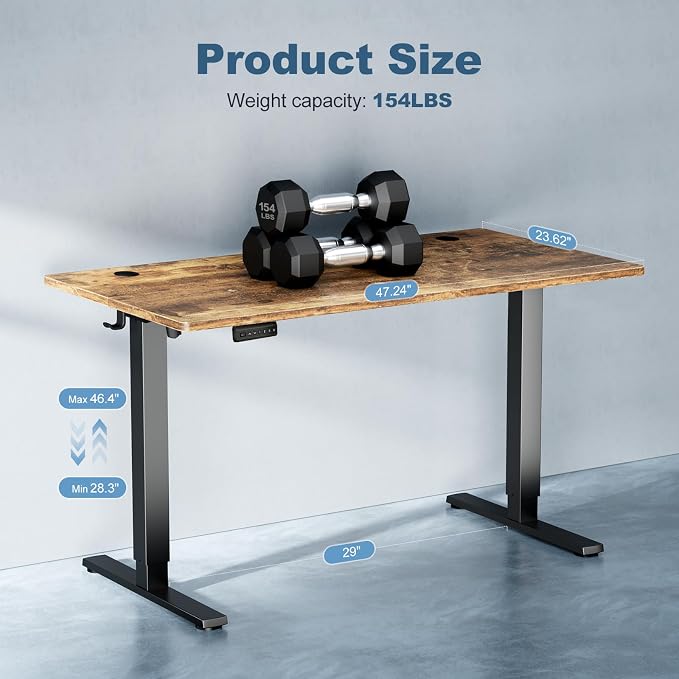 DUMOS 48 Inch Electric Standing Desk, Memory Adjustable Home Office Desk | Sit Stand Up Desk for Work Home Office,Adjustable Desk, Rising Computer Table with Splice Board,Cable Management,Hook,Brown