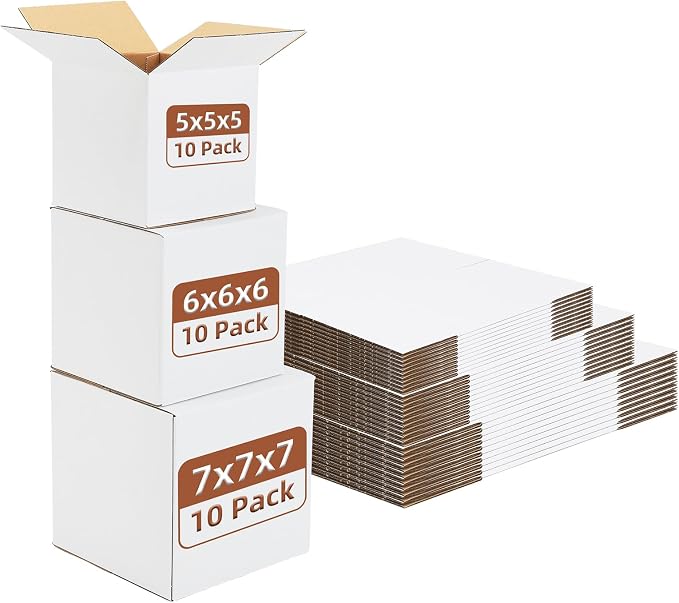 Hoikwo 30 Packs Small Shipping Boxes Mixed Sizes | 10 PCS Each of 7x7x7, 6x6x6, 5x5x5, White Cardboard Box for Small Business Packaging and Mailing