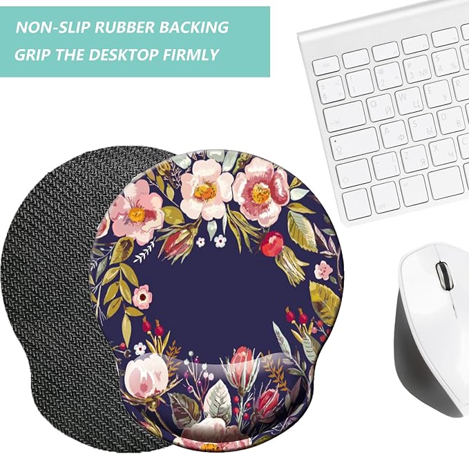 Mouse Pad with Wrist Support, Ergonomic Mouse Pad with Memory Foam Wrist Rest Cushion, Non-Slip Rubber Base Gaming Mice Pad for Home Office Computer Laptop, Flower Wreath