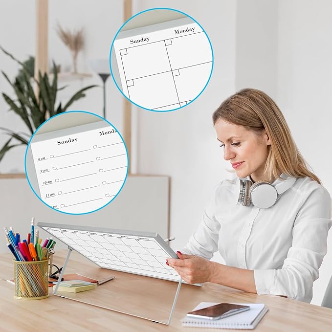 Desktop Whiteboard with Stand, 16"×12" Double-Sided Magnetic Dry Erase Calendar, Weekly Monthly Schedule with Time Slots, Portable for Home, Office, Planning, Memo, to Do List