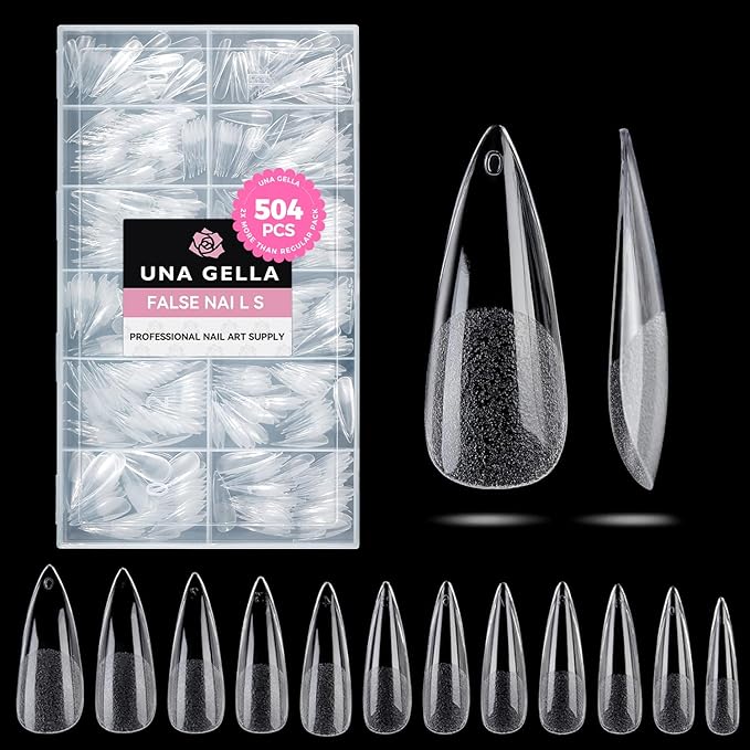 UNA GELLA Long Stiletto Nail Tips 504PCS, Full Cover Pre-Etched Long Stiletto Almond Clear Fake Nails Tips, Sturdy Acrylic Press on Nails, No C Curve Soft Gel Tip for DIY Nail Extension kit 12 Sizes