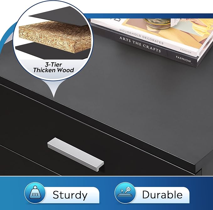 DEVAISE 3 Drawer Wood File Cabinet, Under Desk Filing Cabinet, Black | Small Mobile Printer Stand, Fits Letter/A4 Size, Under Desk Storage Cabinet, Home Office