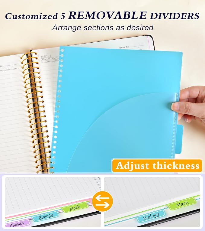 5 Subject Notebook College Ruled 240 Pages, A5(5.8"x8.3") Hardcover Spiral Notebook with Removable Pocket Dividers Tabs, Lined Spiral Journal Notebook for Women, Notebooks for Work School Note taking Black