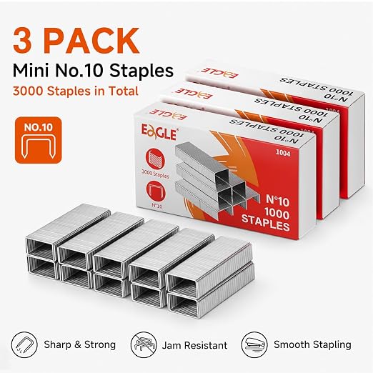 Eagle No. 10 Mini Staples for #10 Staplers, 3,000 Count | 3/16 in leg, steel wire, fastens 2-20 sheets; 3 boxes of 1,000, smaller than standard 1/4 in staples, silver