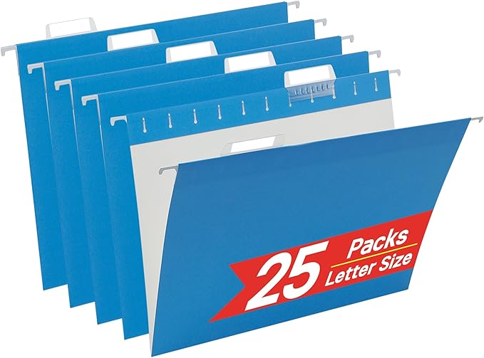 25 Pack Hanging File Folders Letter Size,Blue Reliable Hanging Folders for Filing Cabinet,Reinforced Rods for Smooth Gliding,Includes 1/5 Adjustable Tabs & Inserts,Ideal for Home & Office