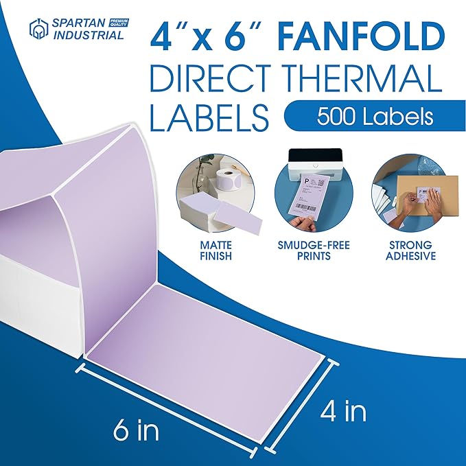 Spartan Industrial - 4" X 6" Purple Direct Thermal Fanfold Labels (500 Count, 1 Stack) - Printable Postage Shipping Labels, Package Identification - Compatible with Zebra and Rollo Printers