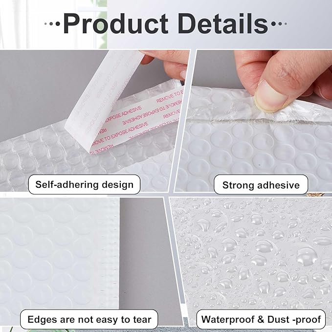 Henoyso 100 Pcs Bubble Mailer 4 Sizes Self Adhesive Waterproof Padded Envelopes Cushioning Seal Bubble Shipping Envelopes for Mailing Packaging Small Business Packing Supplies (White)