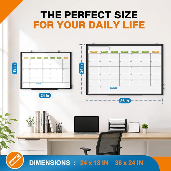 24" x 18" Magnetic Monthly Dry Erase Whiteboard Calendar for Wall | Double-sided & Smooth Writing Calendar White Board Hanging with Black Aluminum Frame, Home, School, Office