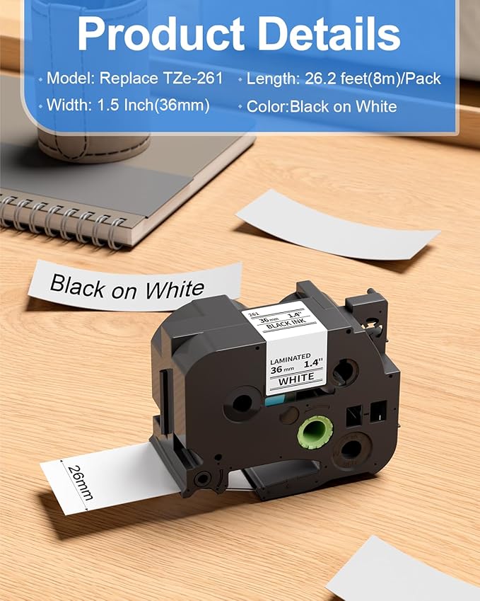 TZe-261 Compatible with Brother P-Touch Label Tape Tze Tape 36mm 1.5 in Black On White TZ Laminated for PT-P910BT PT-950NW PT-9600 Label Maker Refills 36 mm, 1 1/2" x 26.2' (8m), 4-Pack