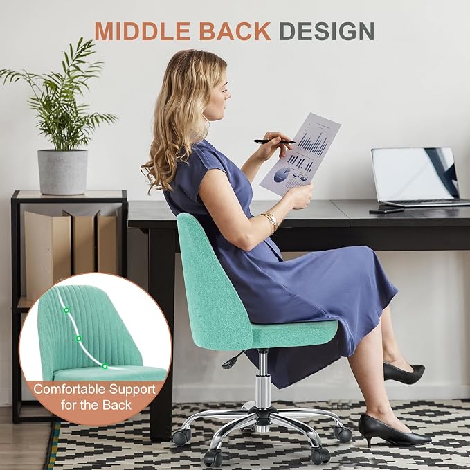 DUMOS Home Office Chair, Comfy Desk Chair with Rolling Wheels | Armless Height Adjustable, Wide Seating, Vanity Swivel Task, Bedroom Student Adults, Aqua