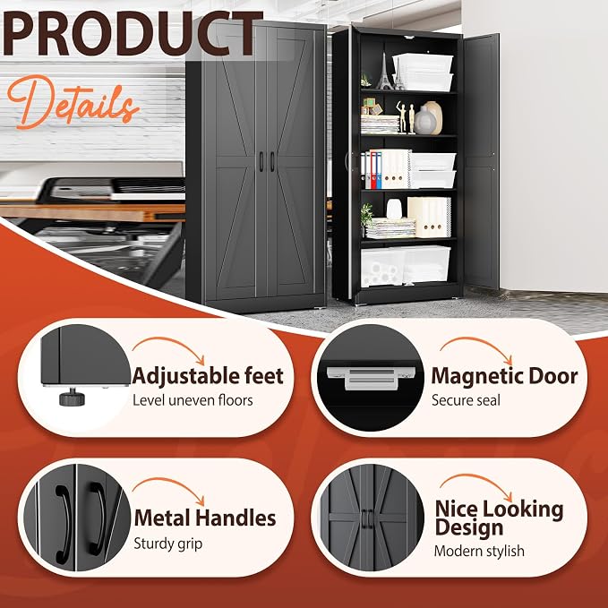 PAOFIN 71" Black Metal Storage Pantry Cabinet | Tall Kitchen Pantry Storage Cabinets with 2 Doors and 4 Adjustable Shelves, Cupboard for Home,Kitchen,Dining/Living Room