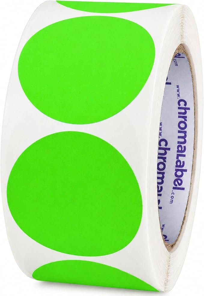 Fluorescent Green Dot Stickers, 2 Inch, 500/Roll | Writable Matte Paper Circle Stickers for Inventory, Classrooms, Offices, Retail, and Color Coding. Made in USA