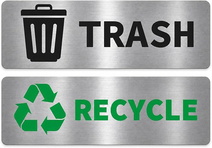GRITKULTURE Premium Trash & Recycling Stickers for Bins – 2 Pack Metallic Look Printed Labels (Not Real Metal) – Clear Waste Sorting Decals for Kitchen, Office & Garage – Waterproof Vinyl, Easy Peel & Removable(1)