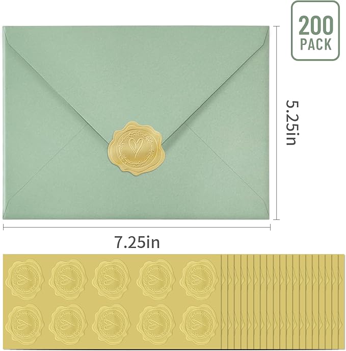200 PCS Sage Green Colorful A7 Envelopes with Stickers, 5x7 Envelopes for Greeting Cards, Great for Invitations, Wedding Invitation, Birthday, Baby Shower, Graduation