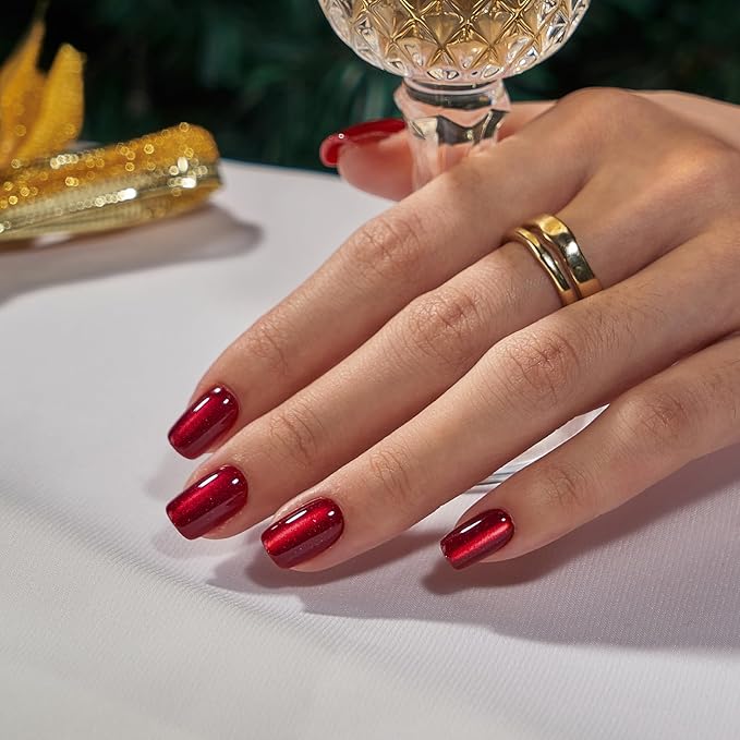 BTArtbox Press On Nails Red - Cat Eye Press On Nails Square for Gifts,Cherry Short Stick On Nails with Glue, Glossy Reusable Nail Tips in 16 Sizes - 32 Soft Gel Fake Nails Kit, Hot Love
