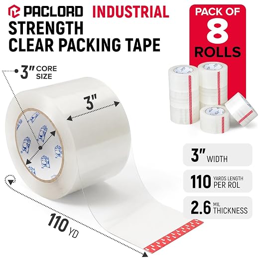 3" x 110 Yards Clear Packing Tape, Pack of 8 - Heavy-Duty 2.6 Mil Thick Carton Sealing Tape with Industrial Strength Adhesion for Packaging, Moving, or Shipping Boxes | Heavy-Duty 2.6 Mil Thick Carton Sealing Tape with Industrial Strength Adhesion for ...