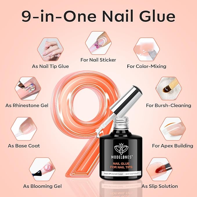 modelones X Nail Gel Kit Kit Medium Square, 9-in-One Nail Glue with Portable U V Lamp 216Pcs 12Sizes Pre-Etched Press ons Fake Acrylic Extension Kit DIY Salon Gift for Women