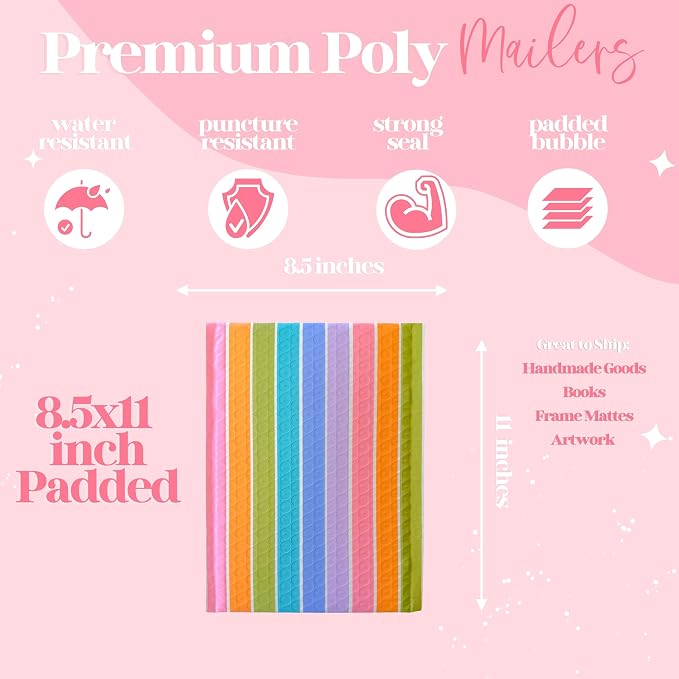 Bubble Mailers 8.5x11, Pastel Stripe, 25 Pack | Heavy Duty, Waterproof, Self Seal, Tear Resistant, Designer Bubble Mailing Envelopes for Small Business Packaging