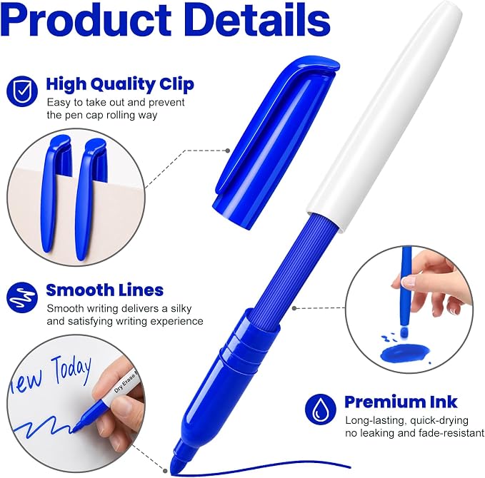 V-Opitos 30 Pack Fine Tip Dry Erase Markers - Bulk Whiteboard Erasable Blue Markers, Ideal for School Classroom Office Supplies, Non-Toxic & Easy Clean for White board