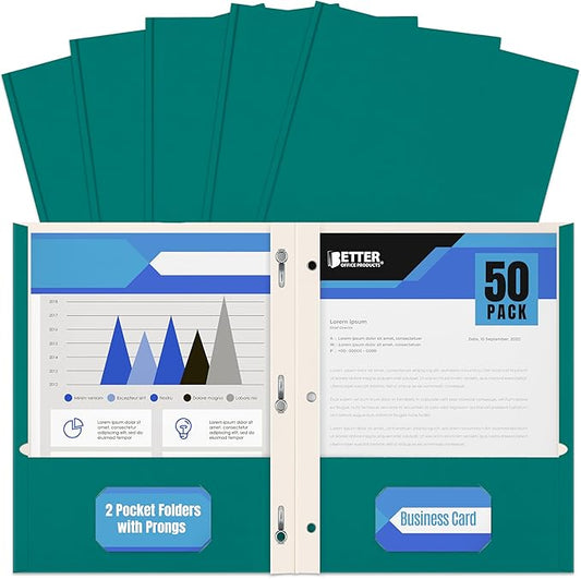Better Office Products Teal Paper 2 Pocket Folders with Prongs, 50 Pack, Matte Texture, Letter Size Paper Folders, 50 Pack, with 3 Metal Prong Fastener Clips, Teal