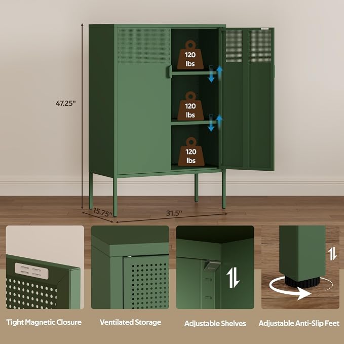 3-Tier Metal Storage Cabinet with 2 Adjustable Shelves & Mesh Doors | Metal Locker Accent Cabinet with Legs, Green Storage Cabinets, Metal TV Stand Cabinet for Home Office, Entryway & Hallway