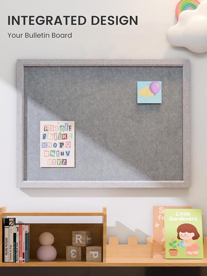 Fluxynara 23.6" x 17.1" Felt Frame Bulletin Board, Blue Gray | Cork Board Alternative with 12 Removable Adhesive Tabs, Foldable Pin Board for Wall, Home, Office, Classroom & Dorm
