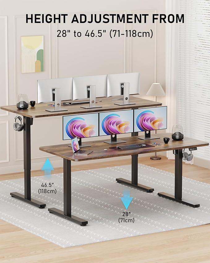 Standing Desk, Large Height Adjustable Electric Stand up Desk, 63 x 24 Inches Sit Stand Home Office Desk, with Splice Board, Black Frame/Rustic Brown Top