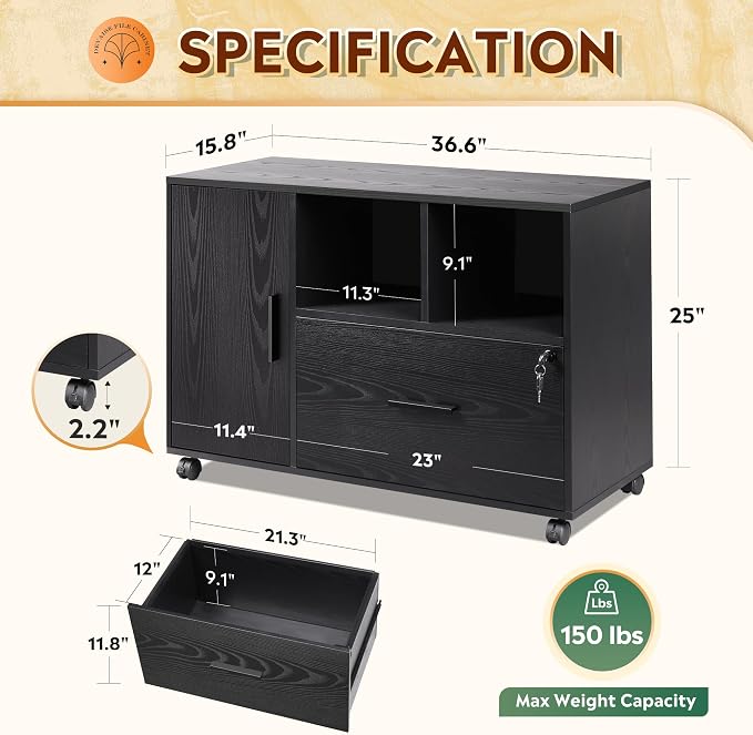DEVAISE Printer Stand with Storage, Mobile Wood File Cabinet, Black | Locking & Rolling, Lateral Filing Cabinet, Doors and Shelves, Fits Legal/letter/A4, for Home Office, Study