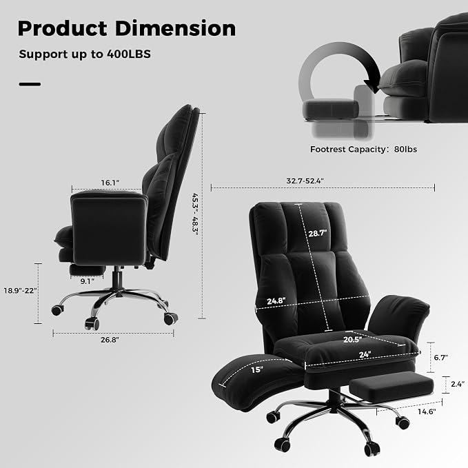 Big and Tall Office Chair, Flip Armrests for Pets & Cross Legged Sitting | Executive Ergonomic Computer Gaming Chair with Foot Rest, Crystal Velvet Wide Seat Reclining Desk Chair