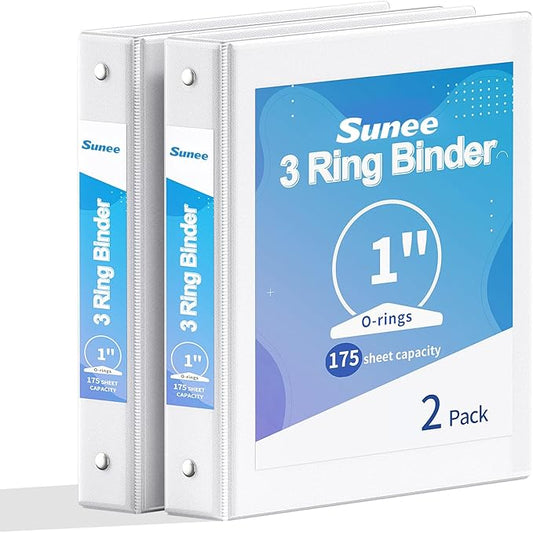 SUNEE 3 Ring Binder 1 Inch 2 Pack, Clear View Binder Three Ring PVC-Free (Fit 8.5x11 Inches) for School or Office Supplies, White