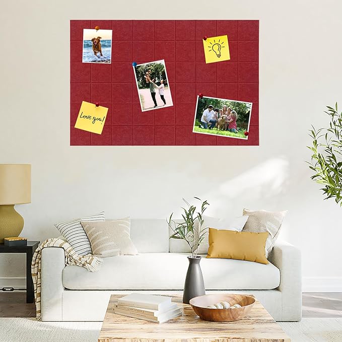 Large Square Felt Cork Board Tiles, Self Adhesive DIY Felt Bulletin Board Pin Board with 35 Pushpins for Office School Home Wall Decor Stickers Memos Photos Display (Red)