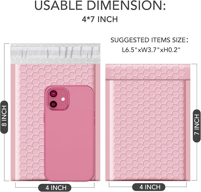GSSUSA Sakura Pink Bubble Mailers 4x8" 500 Pack Padded Envelopes Self Seal | 4x7" Usable Size, Shipping Bags for Jewelry Makeup, Strong Adhesion, Tear Proof Waterproof, Small Business Package Supplies