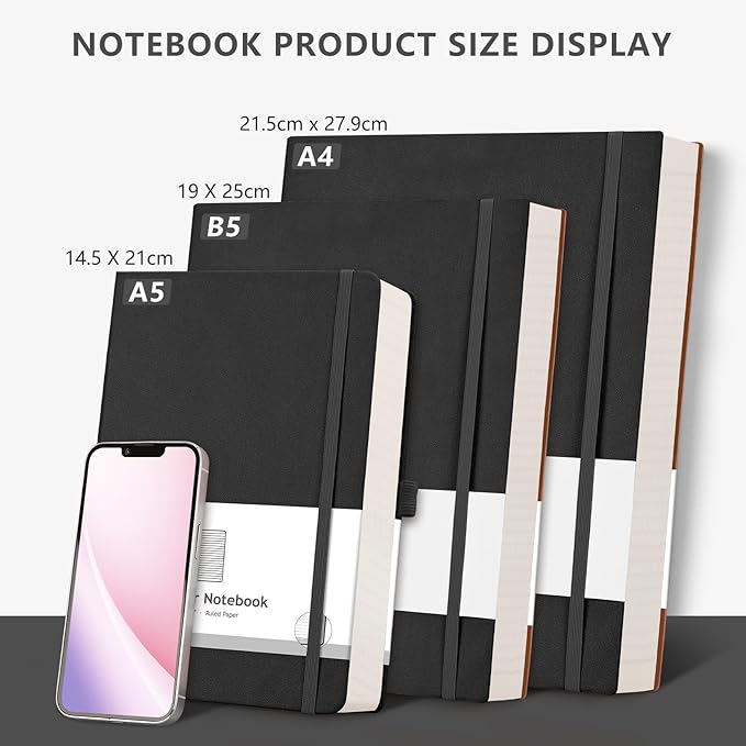 AHGXG 8.5''×11'' Notebook College Ruled - Large A4 Notebook Lined Journal - 320 Pages Thick Journal for Writing, 100gsm Thick Paper, Leather Softcover, for Work School - Black