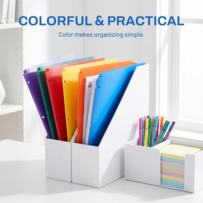 SUNEE 3 Hole Folders with Pockets (6 Pack, Assorted Color) Plastic Folders for 3 Ring Binder, Heavy Duty Binder Folder for Document for School, Students, Teachers, Office Staf