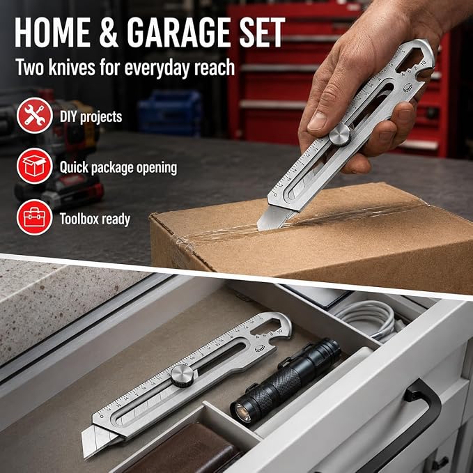 BECOWIN 2PC 7-in-1 Stainless Steel Utility Knife, 18mm Snap-Off Box Cutter | Retractable Metal Utility Knife with Built-In Ruler, Multi Tool Design, Perfect for DIY, Garage, Workshop and Daily Cutting
