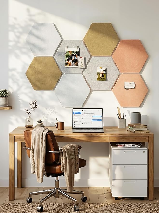 8-Pack Hexagon Felt Bulletin Board Tiles, Cork Board Alternative | For students and teachers creating vision boards in homes, offices, dorms or classrooms; includes 30 push pins.