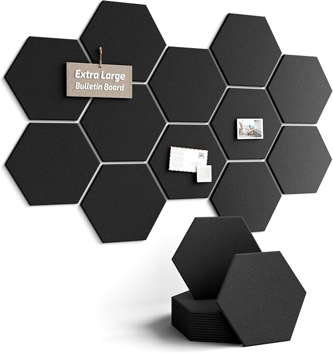 Fluxynara Extra Large 12-Pack Felt Bulletin Board Tiles, Black | Cork Board Alternative with 90 Adhesive Tabs for Notes, Photos and Reminders in Home Offices, Dorm and Classrooms