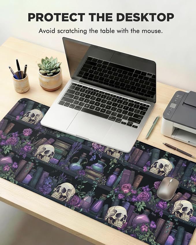 Mouse Pad, Desk Mat, 31.5x11.8in Large Mousepad, Skull Bookshelf | Desk Pad with Stitched Edge & Rubber Non-Slip Bottom, Gaming Mouse Pad, Extended Mousepad for Home, Office