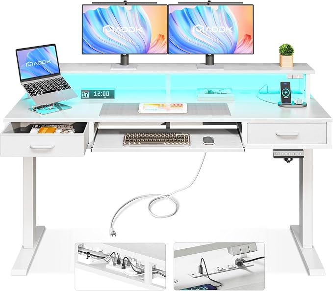 AODK 55 Inch Electric Standing Desk with Drawers & Keyboard Tray, White | Power Outlet, LED Lights, Monitor Stand, Cable Management Tray, 3 Memory Heights, 29.9"-46.1" in Range