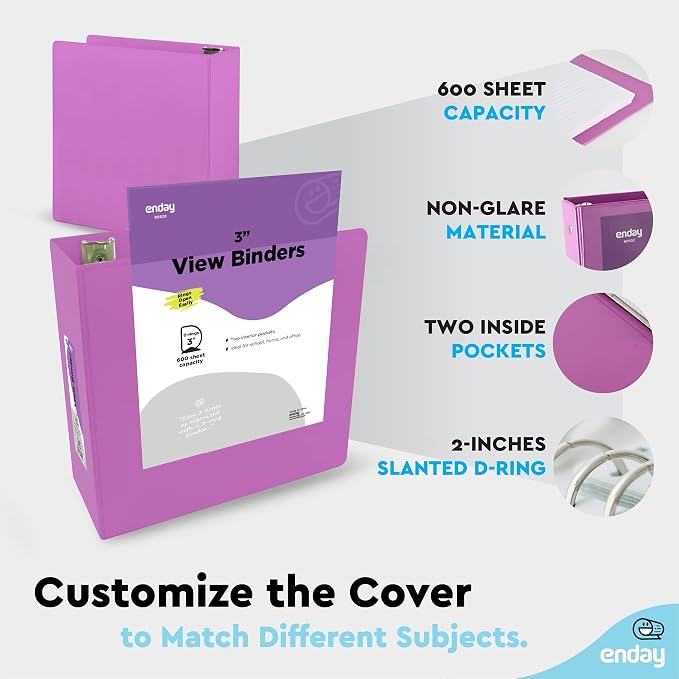 Enday 3 Inch Binder Purple 3 Ring Binder 3 Inch, Heavy Duty Three Ring Binder, 600 Sheets Capacity - 3 Inch Binder for Home School and Office