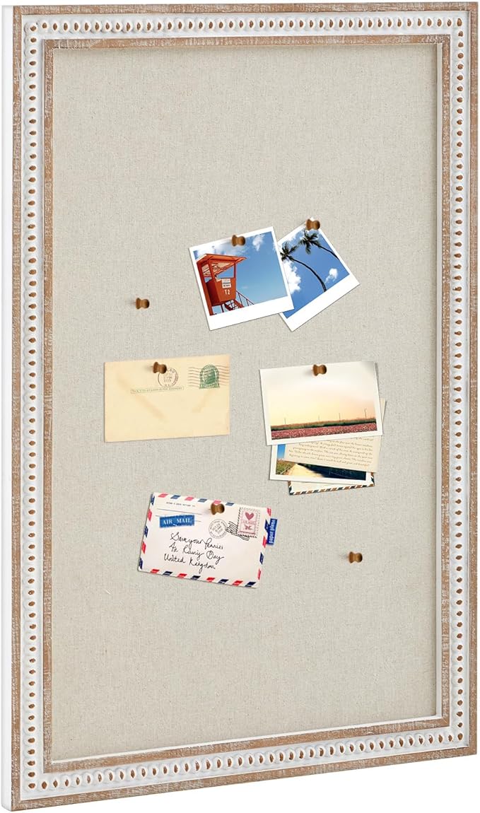 Vintage Framed Pin Board Linen Display Bulletin Board Large Ornate Fabric Picture Photo Pinboard Memo Decorative Prayer Pinboard Ornate for Wall Gift(Rectangle,24" X 36",Retro White)