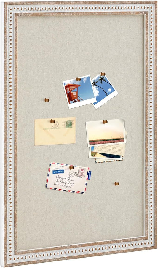 Vintage Framed Pin Board Linen Display Bulletin Board Large Ornate Fabric Picture Photo Pinboard Memo Decorative Prayer Pinboard Ornate for Wall Gift(Rectangle,24" X 36",Retro White)