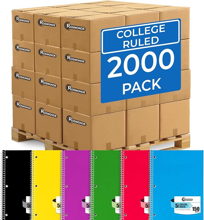 2000 Packs (Pallet), Spiral Notebook, 5 Subject College Ruled | Spiral Notebook Bulk, 3 Hole Punched, 150 Sheets (300 pages), 8 x 10-1/2", Pallet of Notebooks for School, 4-7 Days Transit
