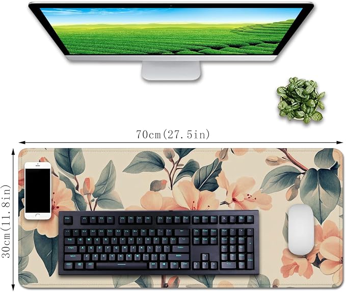 Floral Mouse Pad Desk Mat Peach Blossoms Large Computer Mouse Pads | Stitched Edges Rubber Non-slip Girls Office Study Gaming Computer Keyboard Laptop XL Extended Long