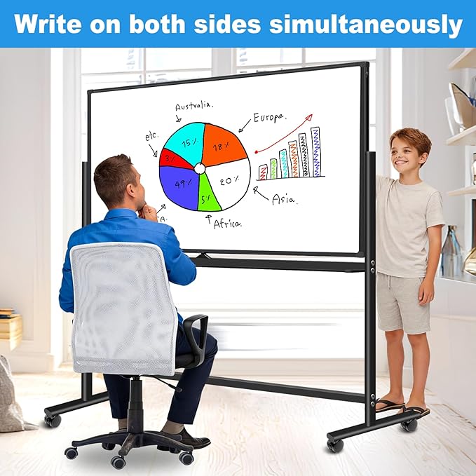 Magnetic Mobile White Board, Double-Sided 40"x28" Dry Erase Board with Stand, Portable Rolling Whiteboard on Wheels with 2 Eraser, 6 Markers, 20 Magnets