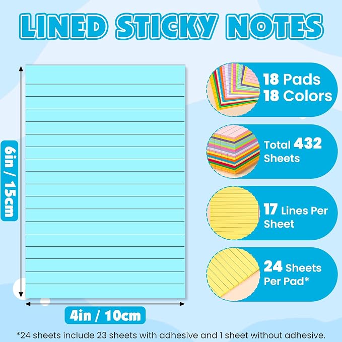 18 Pads Lined Sticky Notes, 18 Colors 4in x 6in Self Stick Note Pads, Strong Adhesive Sticky Note with Lines, Large Sticky Notes for School, Home, Office, 24 Sheets/Pad