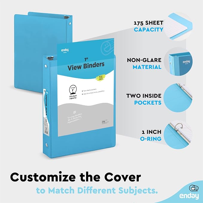 Enday 1 Inch Binder, Blue 3 Ring Binder 1 Inch, Heavy Duty Three Ring Binder, 175 Sheets Capacity - One Inch Binder for Home School and Office.