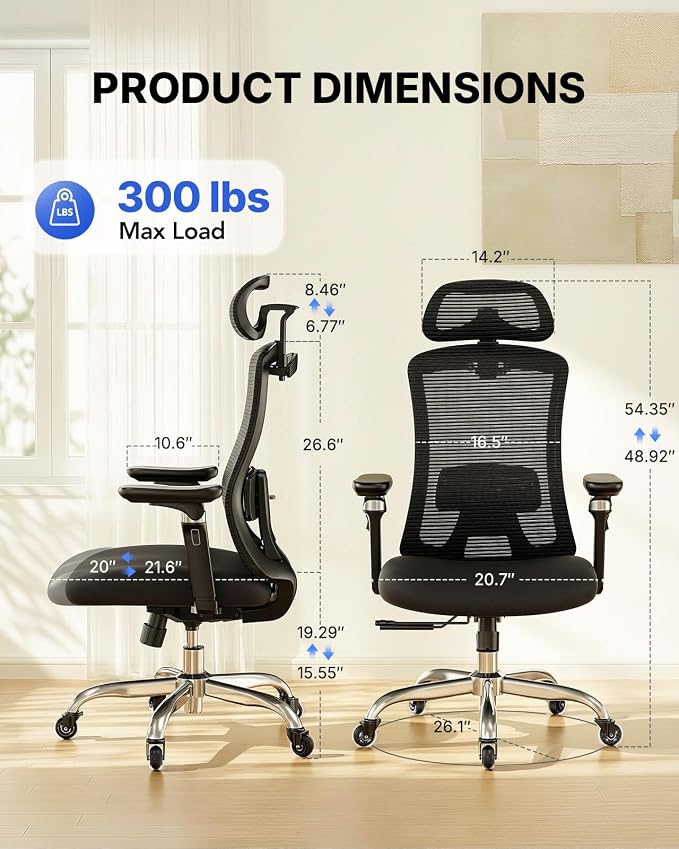 HUANUO Ergonomic Office Chair with 6D Armrest, Seat Depth Adjustment, Lumbar Support, Quiet Rubber Caster, High Back Mesh Gaming Chair with 3D Headrest, Big and Tall Chair for Home Office, Pack of 2