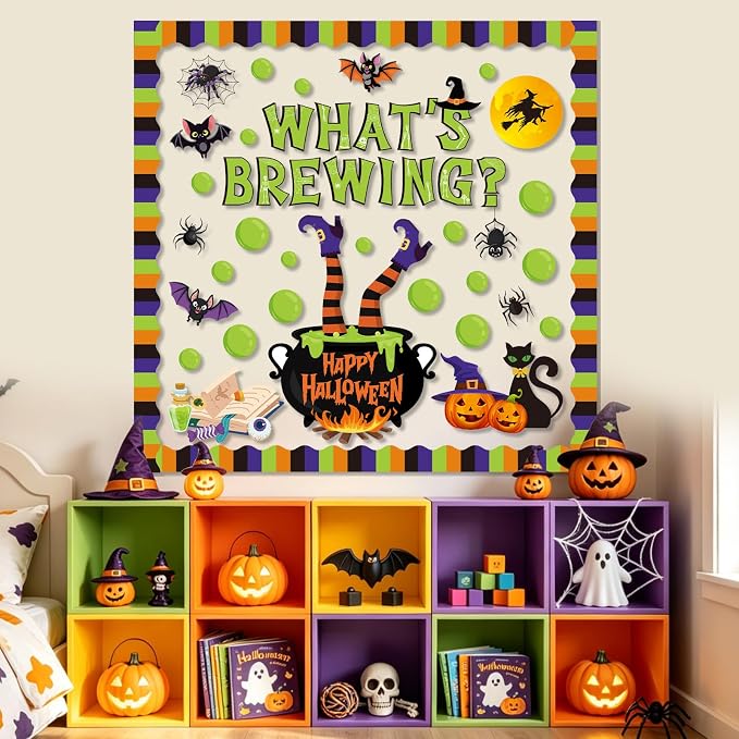 79Pcs Halloween Bulletin Board Decorations Set, What's Brewing Halloween Theme Classroom Decor, Witch Spider Bat Boo Ghost Pumpkin Paper Cutouts for School Office Door Wall Decor