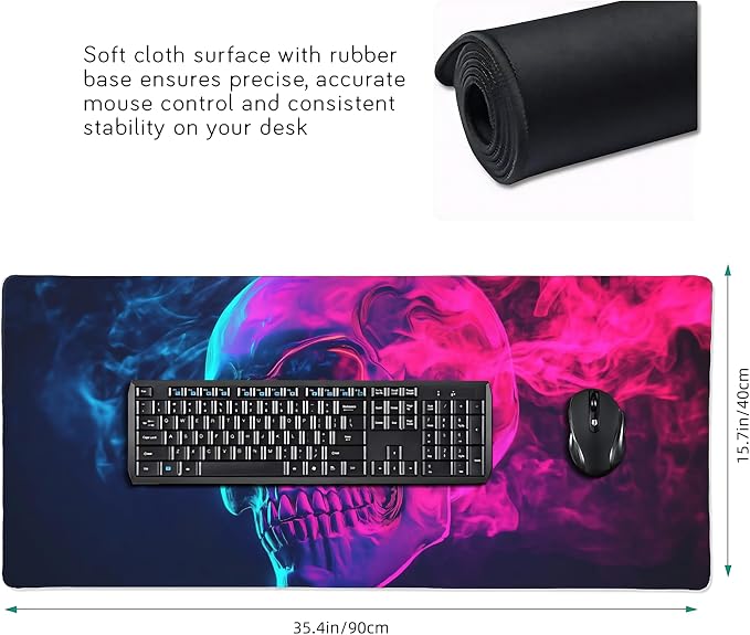 Aesthetic Skull Gaming Mouse Pad, Blue Pink Cyber Desk Mat with Anti-Slip Base & Stitched Edges,35.4" x 15.7" in Table Mat for Computer Desktop, Beautiful Workstation Decor
